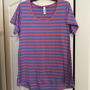 LuLaRoe Pink and Blue Striped Short Sleeve Tee